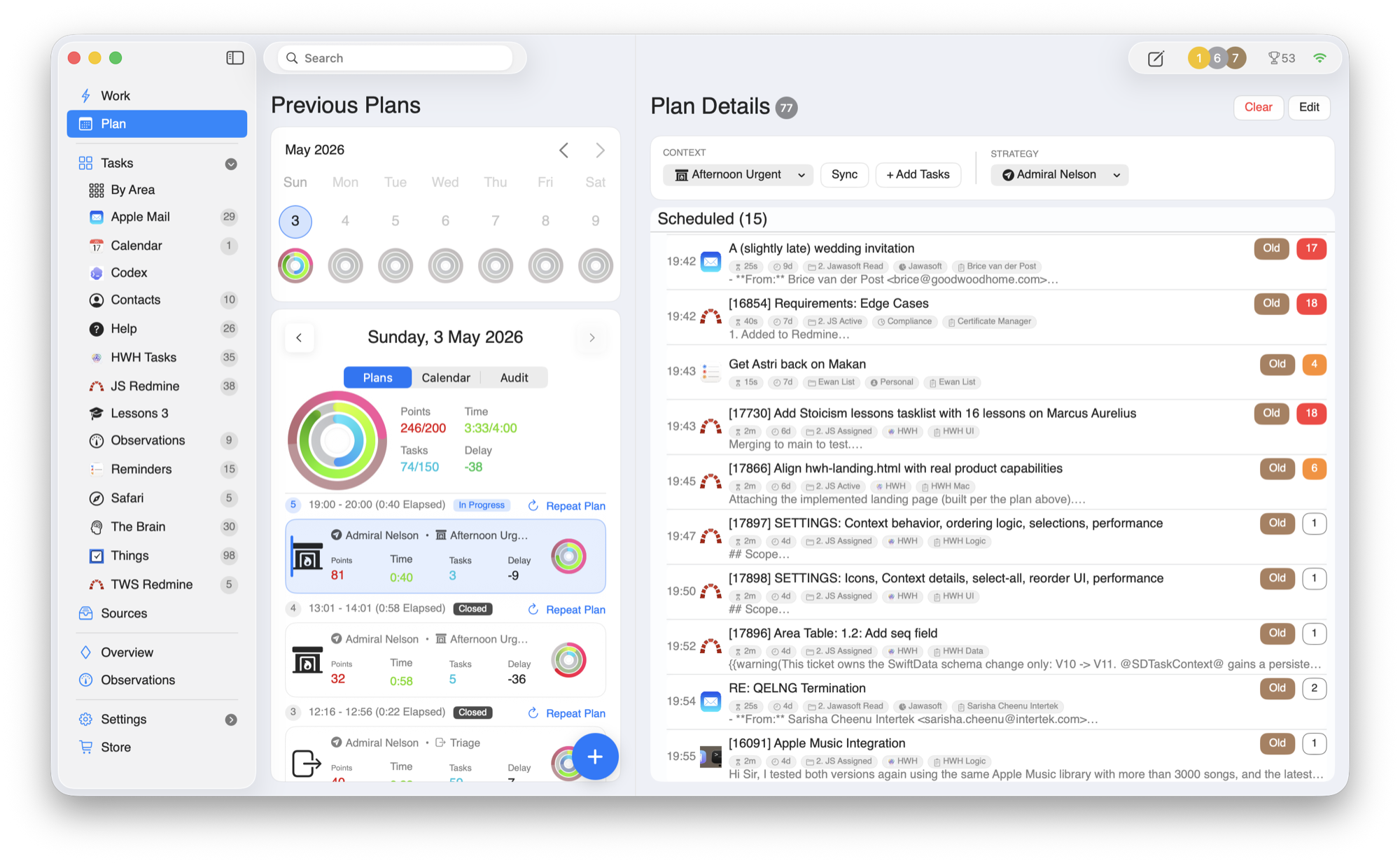 HWH macOS app showing the daily plan, activity rings, and scheduled tasks pulled from connected tools