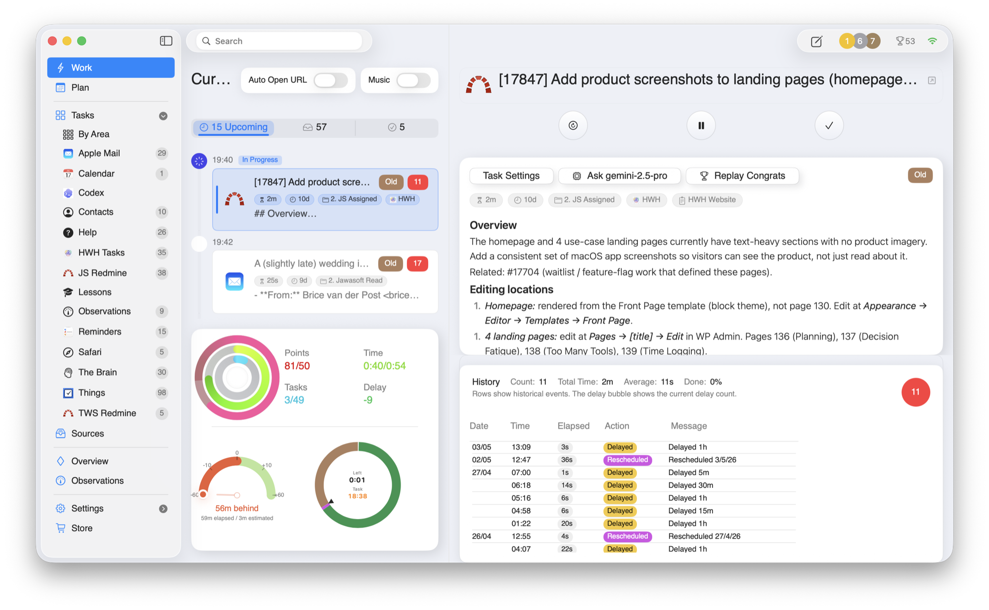HWH macOS app Work view showing the current task with source context